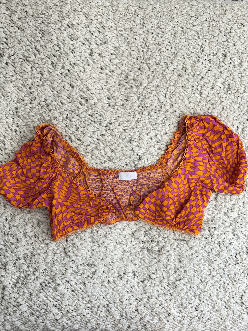 Isalis Orange Purple Geometric Smocked Crop Top Puff Sleeve Front Tie Large L